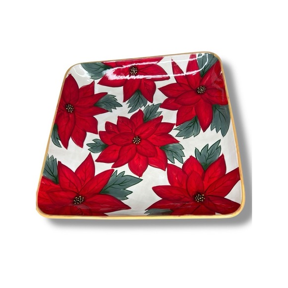 Clay Art Poinsettia Chip And Dip Hand Painted Christmas 14x14 Decor Platter - Picture 1 of 10
